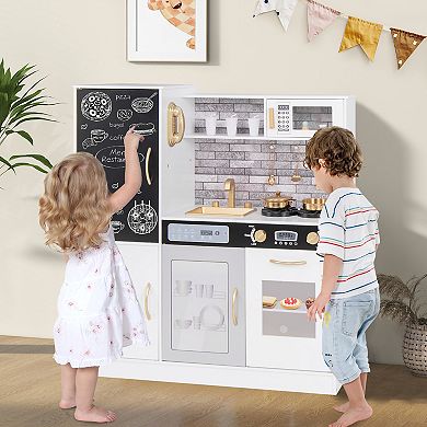 Wooden Kids Play Kitchen Set with Chalkboard, Lights, Sounds, and Storage