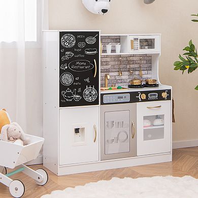 Wooden Kids Play Kitchen Set with Chalkboard, Lights, Sounds, and Storage