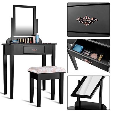 Costway Makeup Desk Vanity Dressing Table Square Stool 1 Large Black