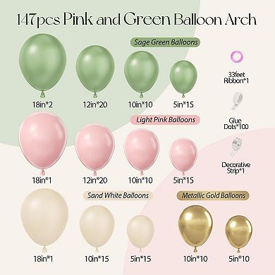 Pink & Green Balloon Arch Kit with Sage Green, Light Pink, Gold Latex Balloons 147pcs for Party.