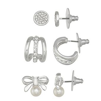 You're Invited Simulated Pearl & Simulated Crystal 3-Pair Bow Earring Set