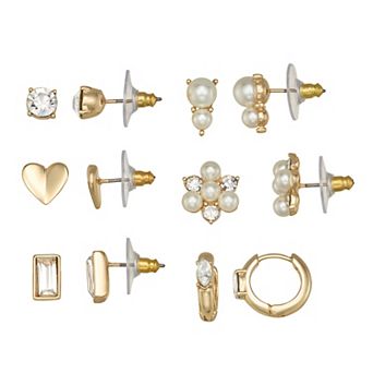 You're Invited Simulated Pearl & Simulated Crystal 6-Pair Heart Earrings Set