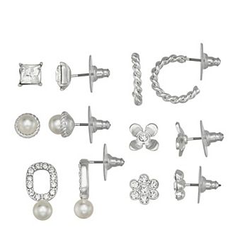 You're Invited Simulated Pearl & Simulated Crystal 6-Pair Flower Earrings Set