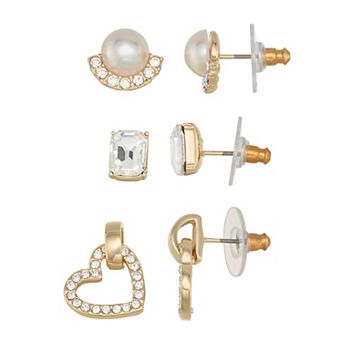 You're Invited Simulated Crystal & Simulated Pearl Heart Trio Earring Set
