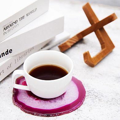 Luxury Lane Large Natural Brazilian Agate Drink Coaster with Wood Holder