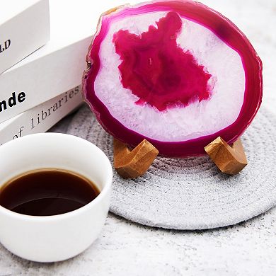 Luxury Lane Large Natural Brazilian Agate Drink Coaster with Wood Holder