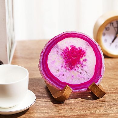 Luxury Lane Large Natural Brazilian Agate Drink Coaster with Wood Holder