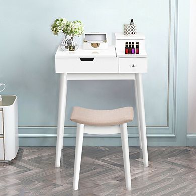 Costway Vanity Dressing Table Flip Desk Furniture Stool 2 White