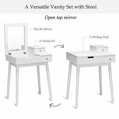 Costway Vanity Dressing Table Flip Desk Furniture Stool 2 White