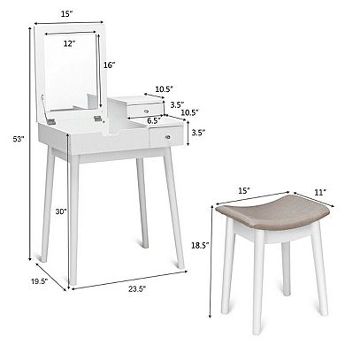 Costway Vanity Dressing Table Flip Desk Furniture Stool 2 White