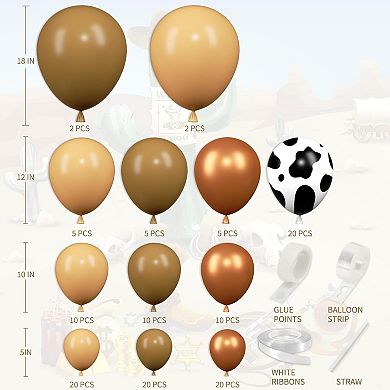 Cow Balloons Garland Set 136pcs Balloons with Cow Print for Western, Farm, Rodeo or Wild West Theme