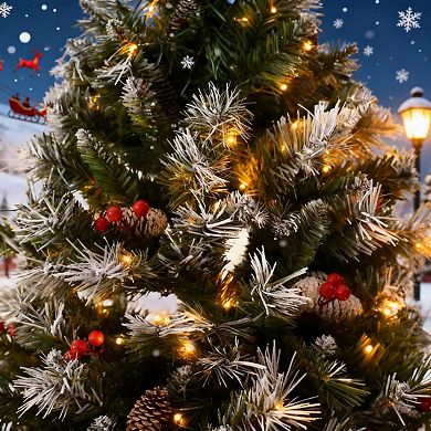 6FT Prelit Snow Flocked Christmas Tree with 350 Color Lights, 876 Branch Tips, Metal Stand