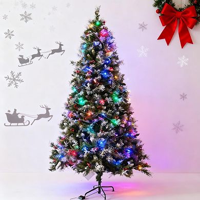 6FT Prelit Snow Flocked Christmas Tree with 350 Color Lights, 876 Branch Tips, Metal Stand