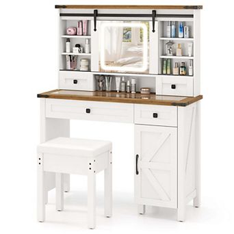 Costway Farmhouse Vanity Desk with Sliding Mirror Makeup Vanity Table with 3 Lighting Modes