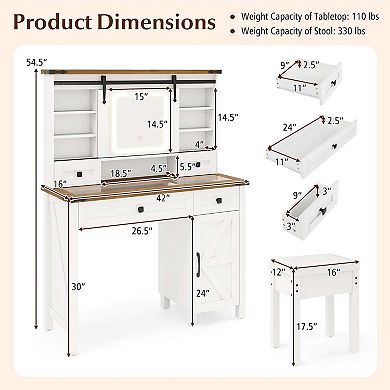 Costway Farmhouse Vanity Desk with Sliding Mirror Makeup Vanity Table with 3 Lighting Modes