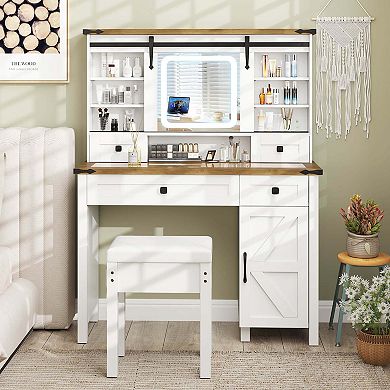Costway Farmhouse Vanity Desk with Sliding Mirror Makeup Vanity Table with 3 Lighting Modes