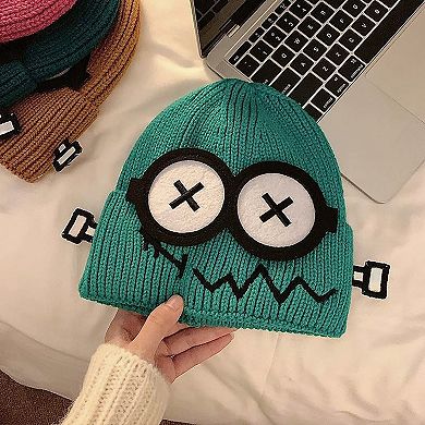 Women's Knitted Beanie with Cartoon Monster Eye Design - Cute & Warm Winter Hat for Cold Weather