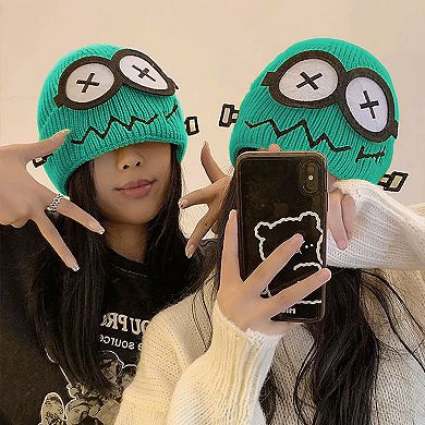 Women's Knitted Beanie with Cartoon Monster Eye Design - Cute & Warm Winter Hat for Cold Weather