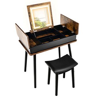 Costway Vanity Table Set w/ Flip Top Mirror Lights USB Port Cushioned Stool Writing Desk
