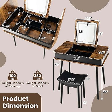 Costway Vanity Table Set w/ Flip Top Mirror Lights USB Port Cushioned Stool Writing Desk