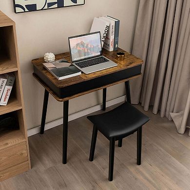 Costway Vanity Table Set w/ Flip Top Mirror Lights USB Port Cushioned Stool Writing Desk