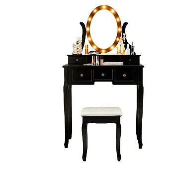 Costway Vanity Set Makeup Dressing Table w/5 Drawers 12 LED Bulb Black