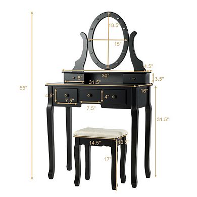 Costway Vanity Set Makeup Dressing Table w/5 Drawers 12 LED Bulb Black