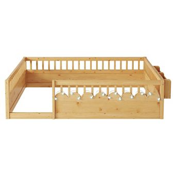 Whisen Montessori Floor Bed Frame with High Rails, Light and Storage Shelf