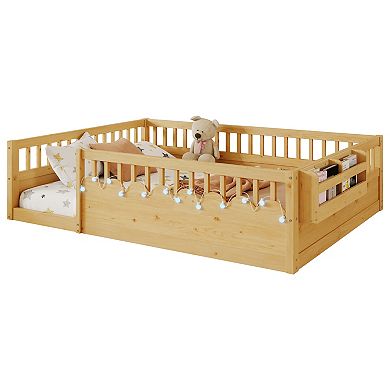 Whisen Montessori Floor Bed Frame with High Rails, Light and Storage Shelf