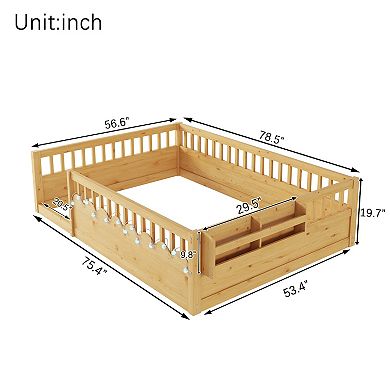 Whisen Montessori Floor Bed Frame with High Rails, Light and Storage Shelf