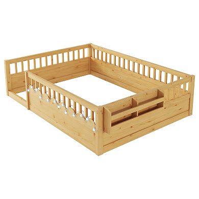 Whisen Montessori Floor Bed Frame with High Rails, Light and Storage Shelf