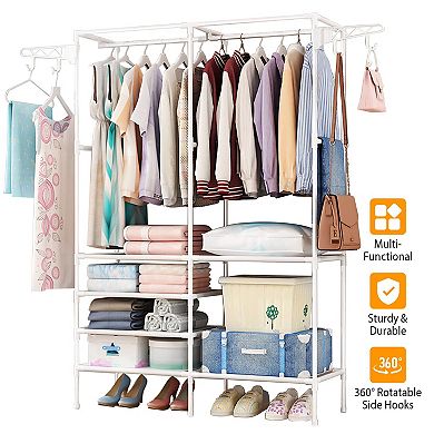 Metal Garment Rack with Shelves, Freestanding Multifunctional Clothes & Shoe Organizer