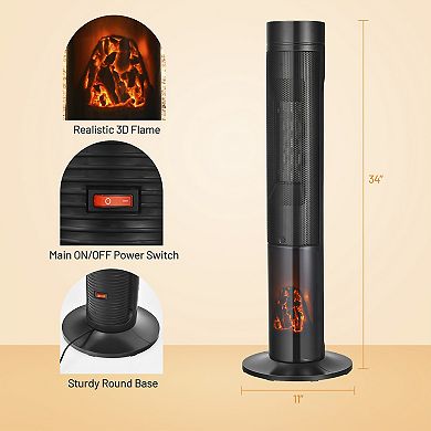 1500W Ceramic Tower Space Heater with Remote Control and Realistic 3D Flame