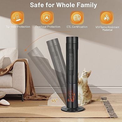 1500W Ceramic Tower Space Heater with Remote Control and Realistic 3D Flame