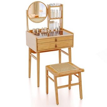 Costway 23.5" Compact Makeup Table Set with 2 Drawers Open Storage Shelves Vanity Stool