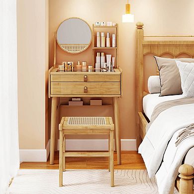 Costway 23.5" Compact Makeup Table Set with 2 Drawers Open Storage Shelves Vanity Stool