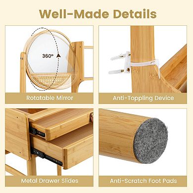 Costway 23.5" Compact Makeup Table Set with 2 Drawers Open Storage Shelves Vanity Stool