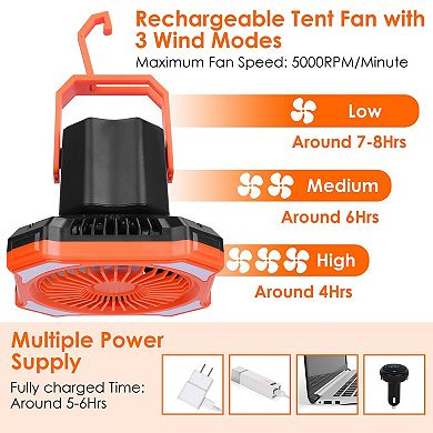 Portable Camping Lantern Fan, 10,000mAh Rechargeable Hanging Tent Fan with 4 Light Modes & 3 Speeds