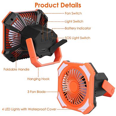 Portable Camping Lantern Fan, 10,000mAh Rechargeable Hanging Tent Fan with 4 Light Modes & 3 Speeds
