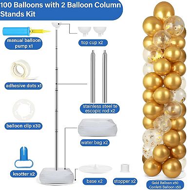 2 Sets Metallic Gold Balloon Column Stand Kit with 100 Balloons for Birthday Wedding Decor