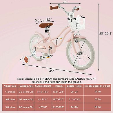 18-Inch Kids Bike with Training Wheels and Adjustable Handlebar Seat-Pink