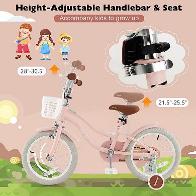 18-Inch Kids Bike with Training Wheels and Adjustable Handlebar Seat-Pink