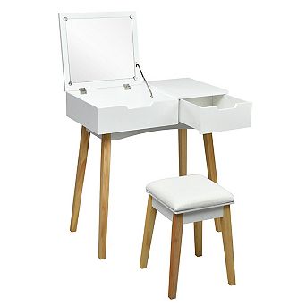 Costway Vanity Makeup Table Cushioned Stool Set W/Flip Top Mirror &1 Drawer Writing Desk