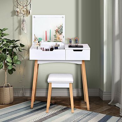 Costway Vanity Makeup Table Cushioned Stool Set W/Flip Top Mirror &1 Drawer Writing Desk