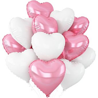 12 pc Pink White Heart Balloons 18 in Foil Hearts for Party Deco Bundle