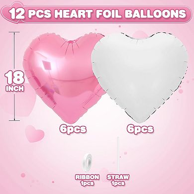 12Pcs Pink White Heart Balloons 18In Foil Hearts for Party Deco Bundle