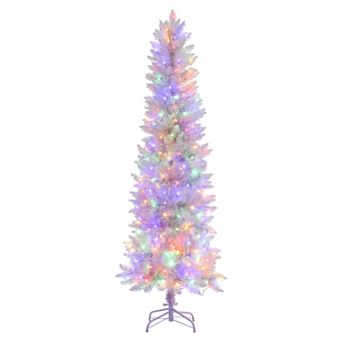 6FT White Pencil Christmas Tree with 250 Warm White & Color Change Lights, 571 Tips, Metal Stand