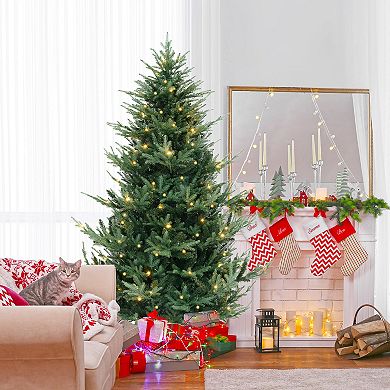 Gymax 7 FT Artificial Xmas Tree w/1090 PVC PE Branch Tips 340 Warm White LED Lights