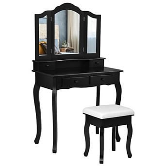 Costway Vanity Makeup Dressing Table Set W/Stool 4 Drawer&Mirror Jewelry Wood Desk Black