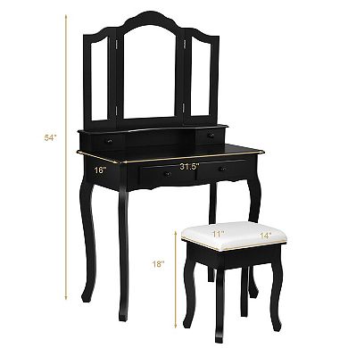 Costway Vanity Makeup Dressing Table Set W/Stool 4 Drawer&Mirror Jewelry Wood Desk Black